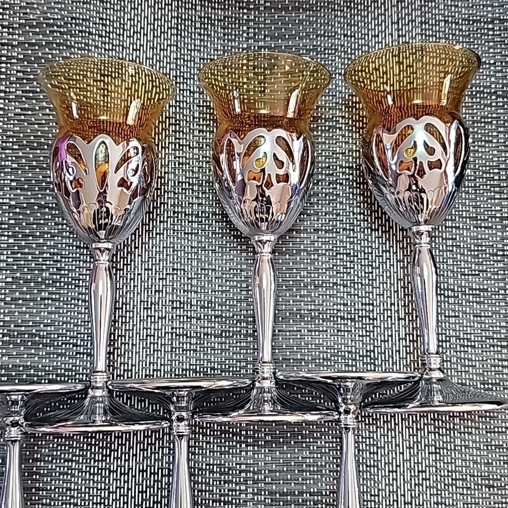 Vintage Farber Brothers Amber Silver Stems Glassware 6 Cordial Sherry Glasses - Picture 8 of 10
